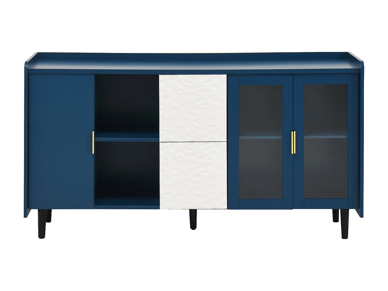 Buffet cuisine bois MDF avec vitrine et tiroirs 140 cm rangement café bar salon bleu
