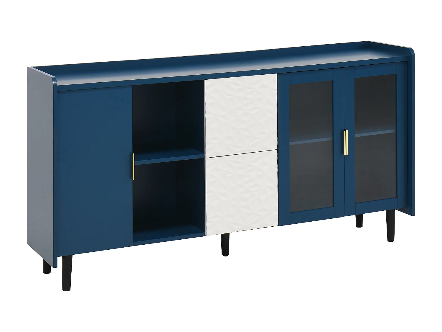 Buffet cuisine bois MDF avec vitrine et tiroirs 140 cm rangement café bar salon bleu