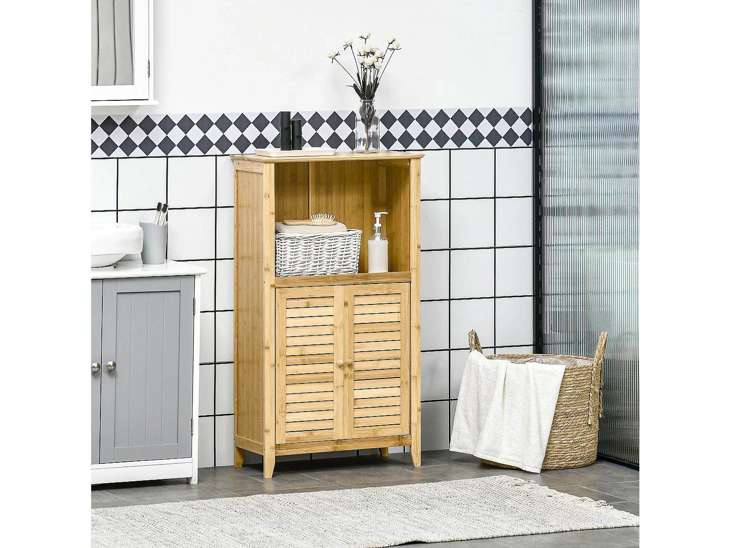 Móvel de banheiro de 3 níveis em bambu e MDF com portas venezianas 50x25x92cm