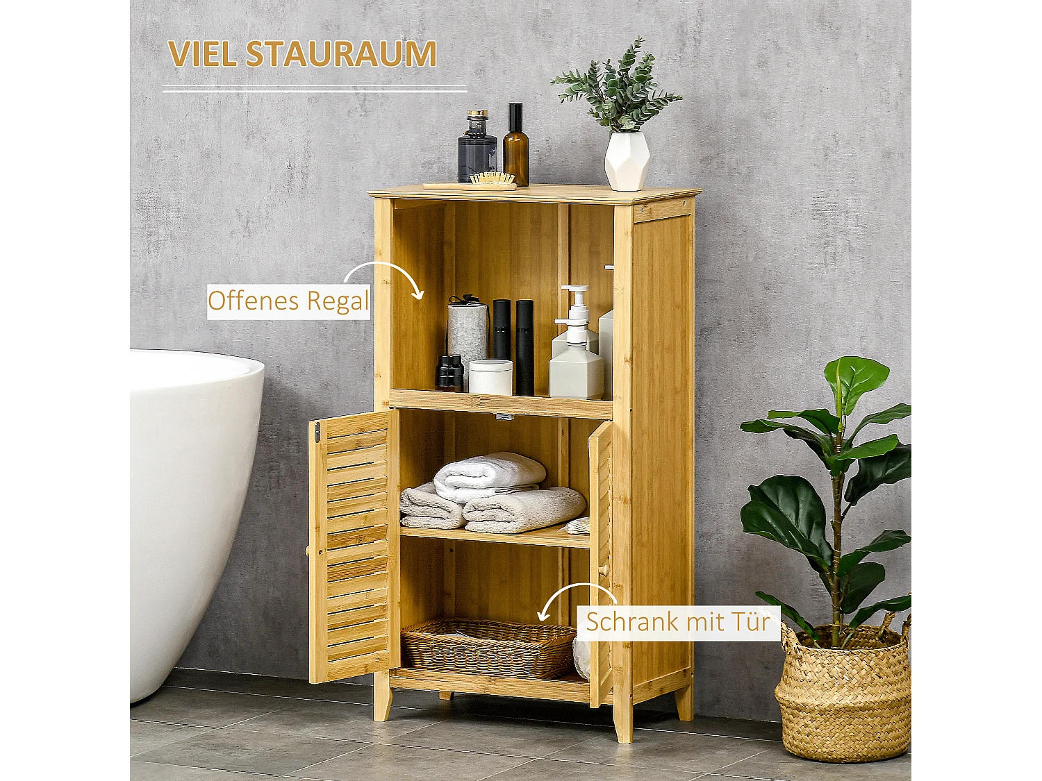 Móvel de banheiro de 3 níveis em bambu e MDF com portas venezianas 50x25x92cm