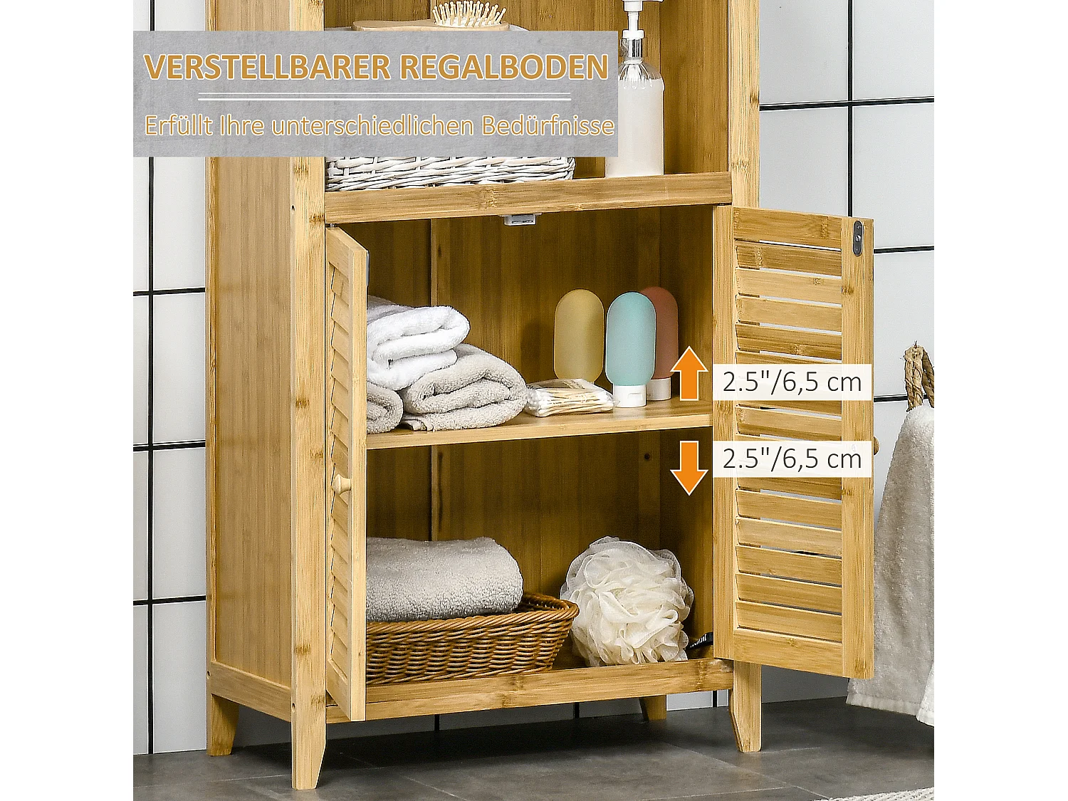 Móvel de banheiro de 3 níveis em bambu e MDF com portas venezianas 50x25x92cm