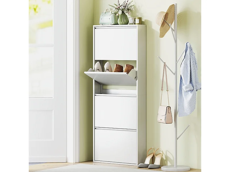 Mobile Portascarpe a Muro in Metallo Nero con 4 Ante 55x15x139,5cm Risparmio di Spazio per l'Ingresso