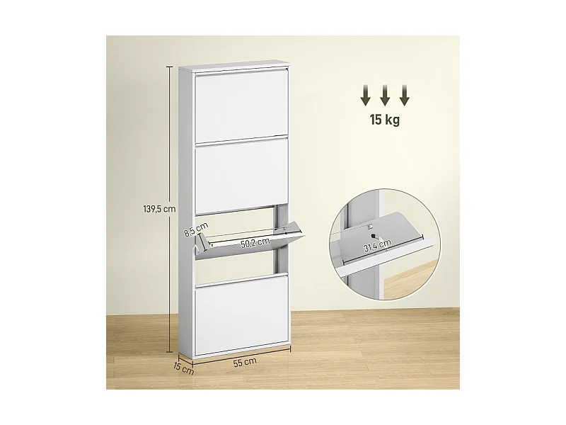 Zapatero metálico de pared con 4 puertas, 55 x 15 x 139,5 cm, ahorra espacio, entrada, negro