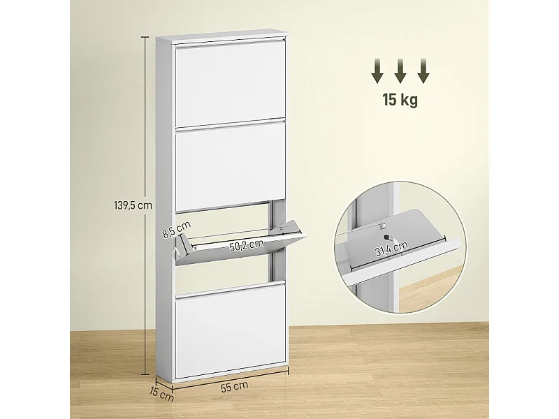 Zapatero metálico de pared con 4 puertas, 55 x 15 x 139,5 cm, ahorra espacio, entrada, negro