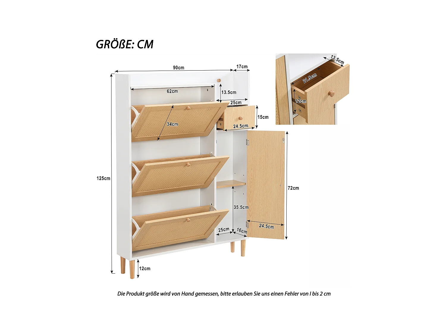 Zapatero de madera de ratán MDF con 3 cajones grandes para entrada natural