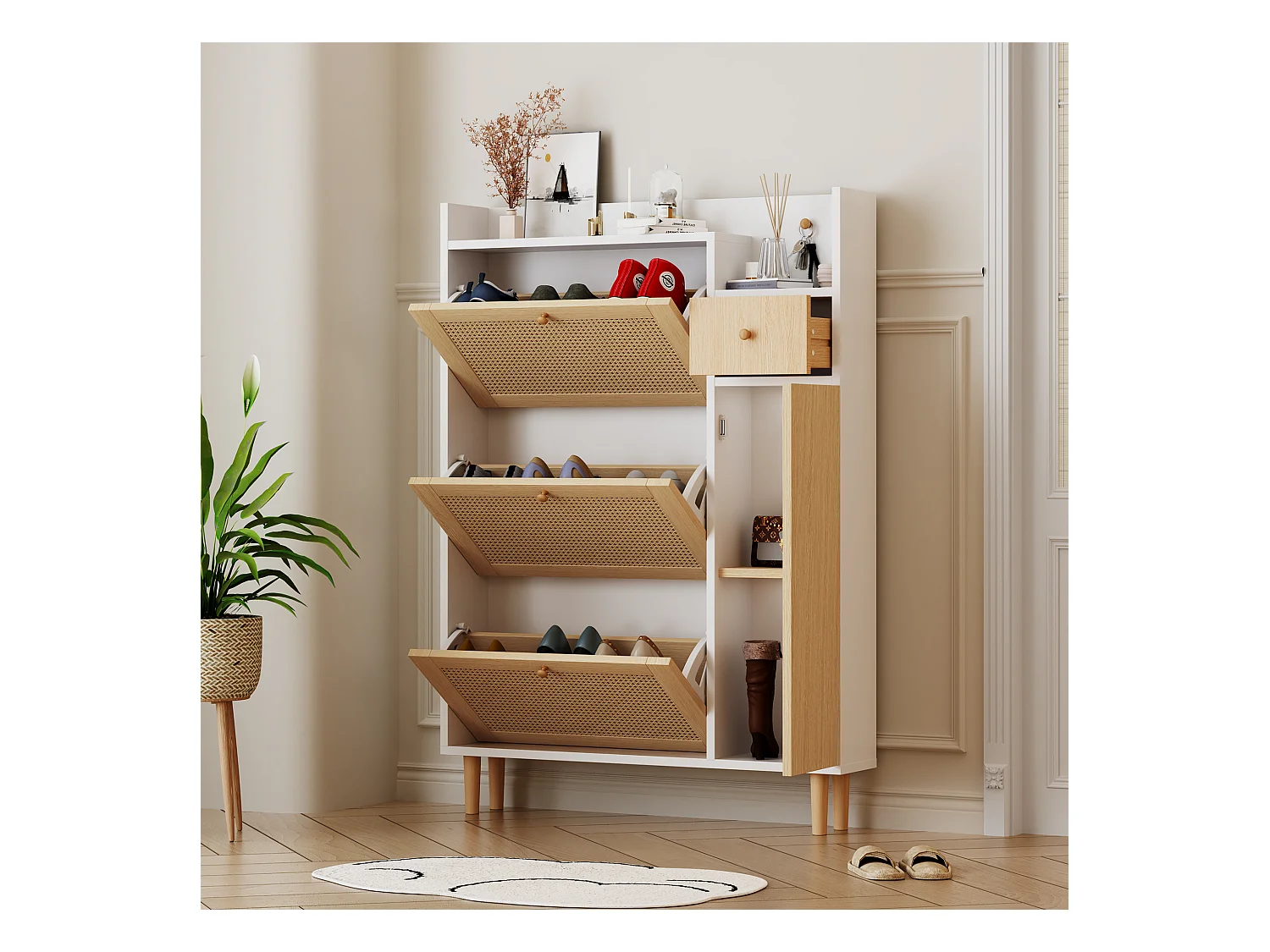 Zapatero de madera de ratán MDF con 3 cajones grandes para entrada natural