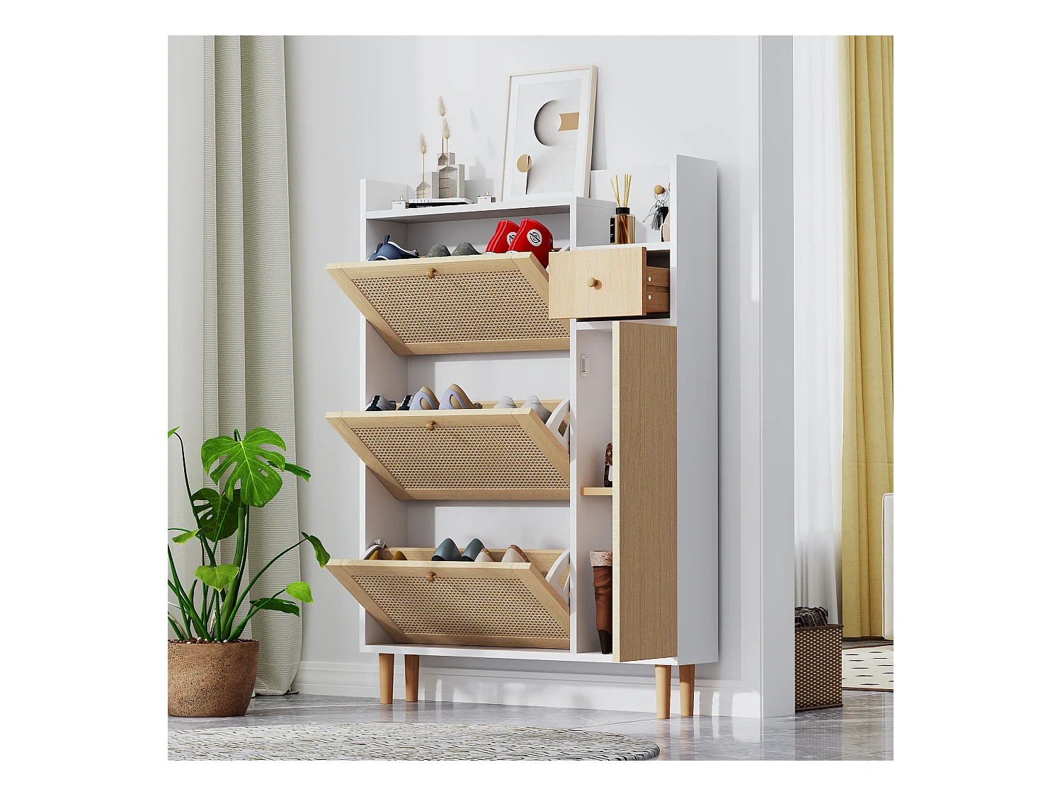 Zapatero de madera de ratán MDF con 3 cajones grandes para entrada natural