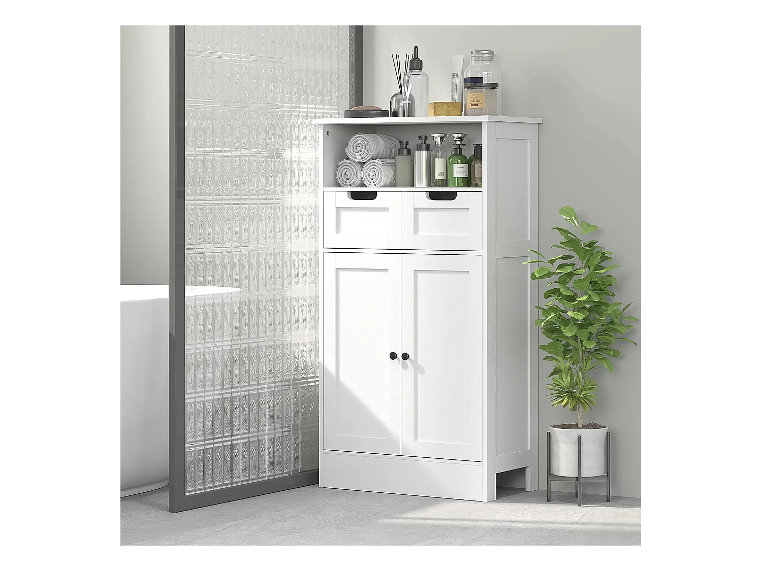 Armadio da bagno in MDF con cassetti e ripiani regolabili per sala da bagno bianca 60x30x108,8 cm