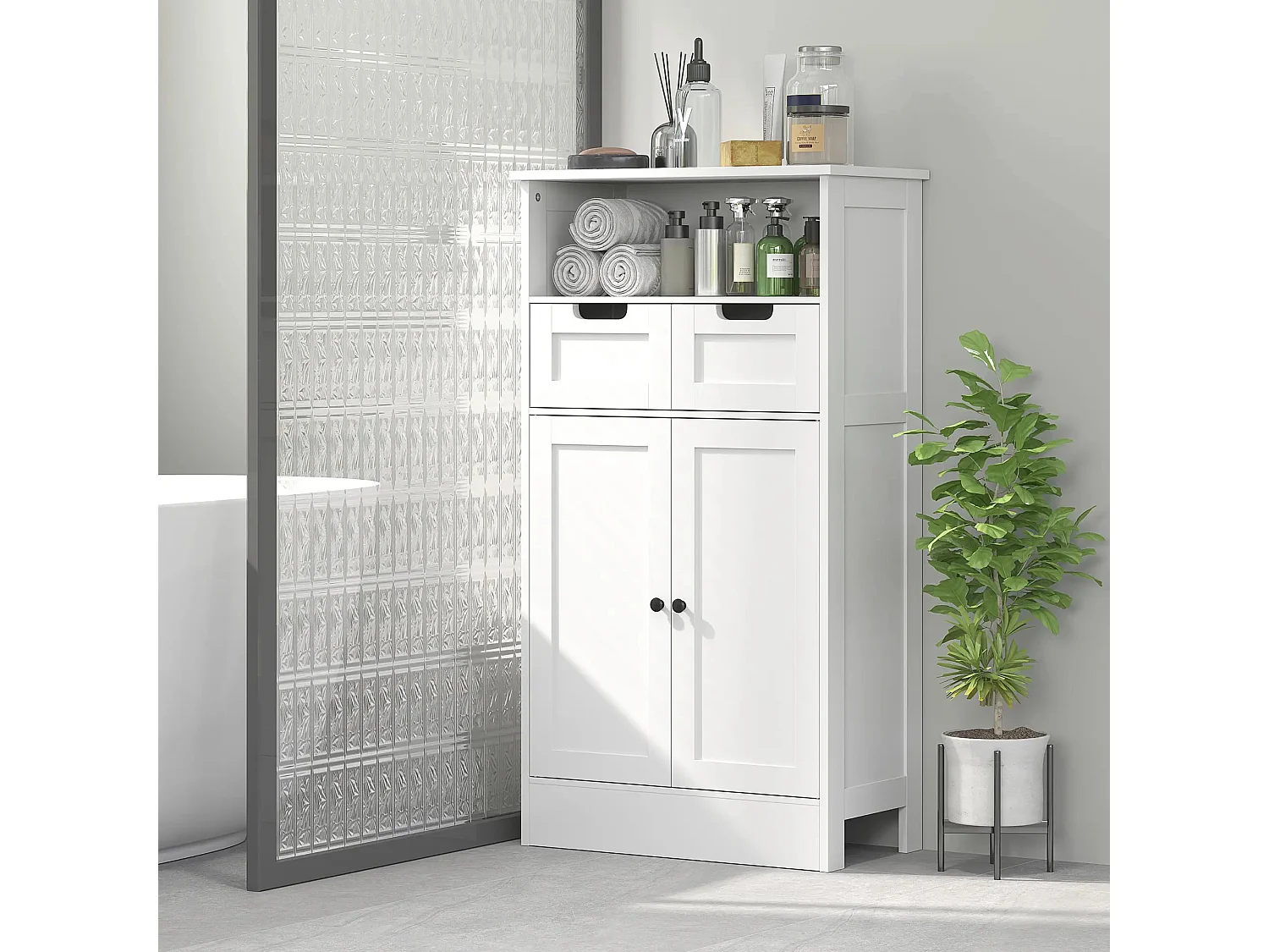 Armoire de salle de bain MDF étanche avec tiroirs et étagère réglable pour salle d’eau blanc 60x30x108,8cm
