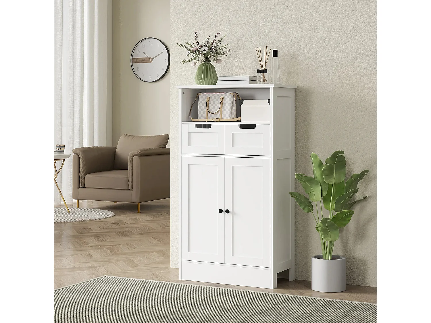 Armoire de salle de bain MDF étanche avec tiroirs et étagère réglable pour salle d’eau blanc 60x30x108,8cm