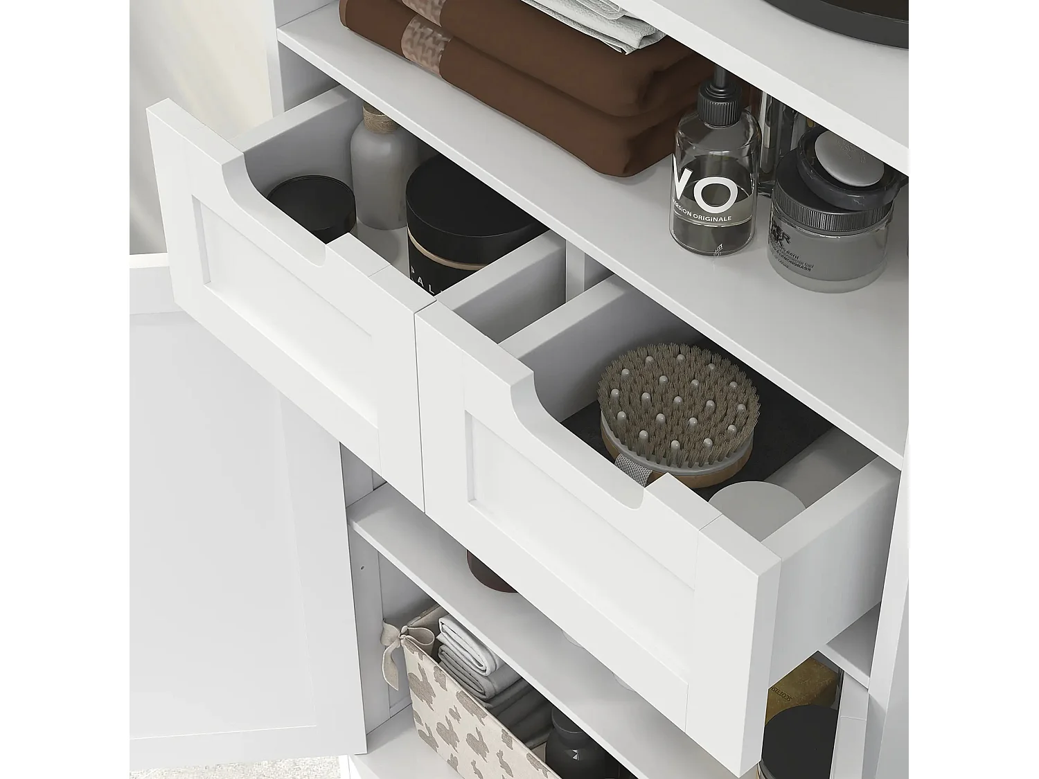 Armoire de salle de bain MDF étanche avec tiroirs et étagère réglable pour salle d’eau blanc 60x30x108,8cm