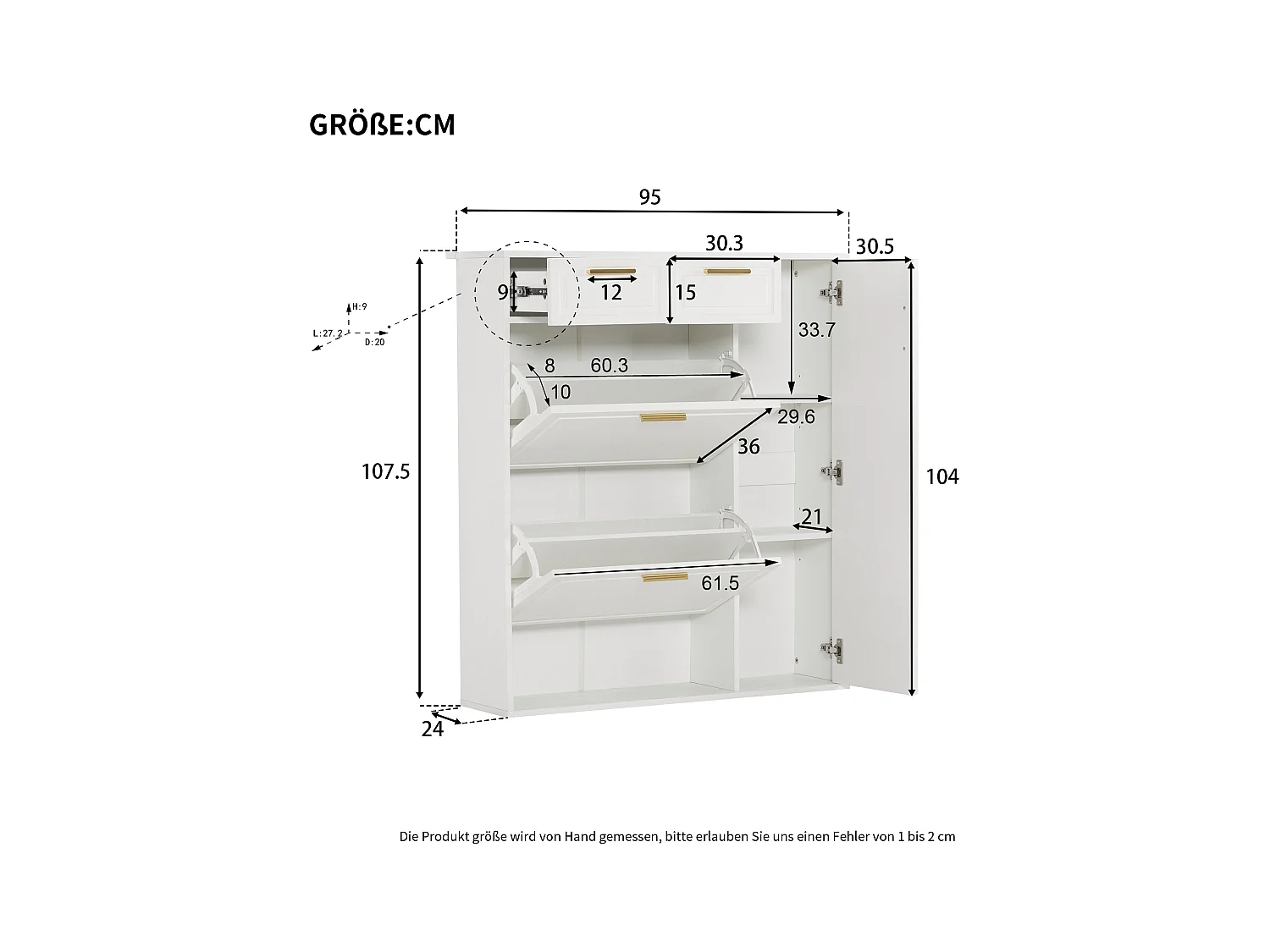 Zapatero de MDF con cajones y estantes regulables para entrada o pasillo blanco