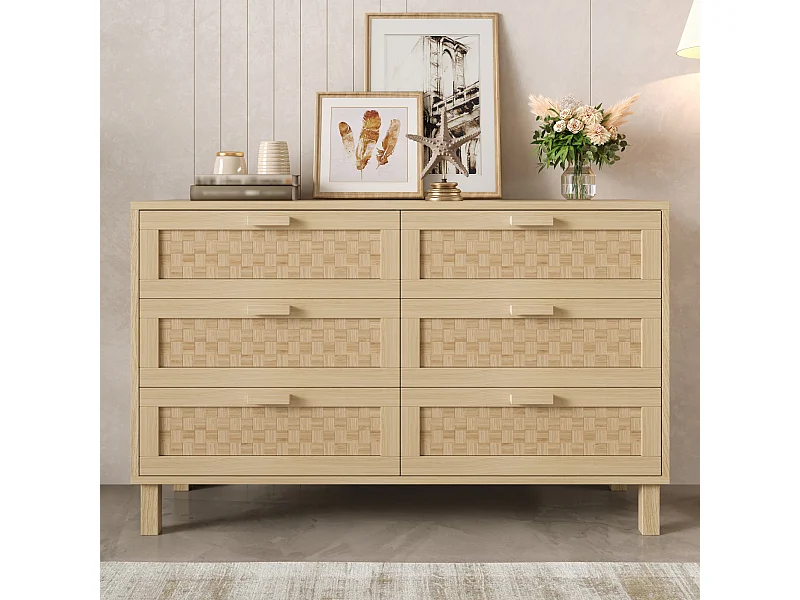 Aparador elegante y Kommode aus Naturholz mit sechs Schubladen, Schlafzimmerschrank mit viel Stauraum, Schubladen in Rattanoptik