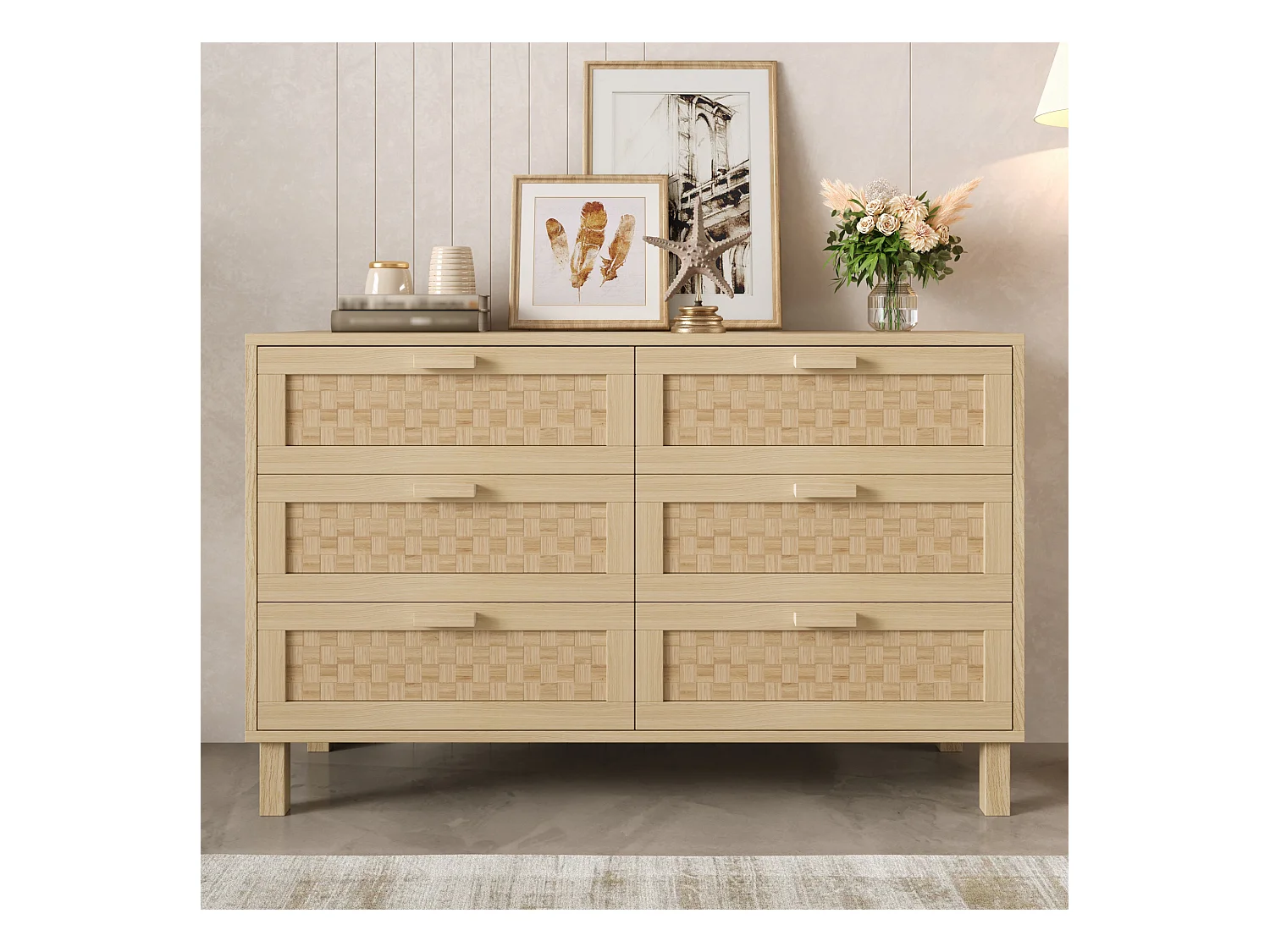 Aparador elegante e Kommode aus Naturholz mit sechs Schubladen, Schlafzimmerschrank mit viel Stauraum, Schubladen em Rattanoptik