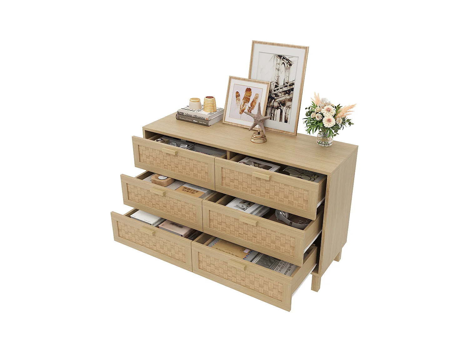 Aparador elegante e Kommode aus Naturholz mit sechs Schubladen, Schlafzimmerschrank mit viel Stauraum, Schubladen em Rattanoptik