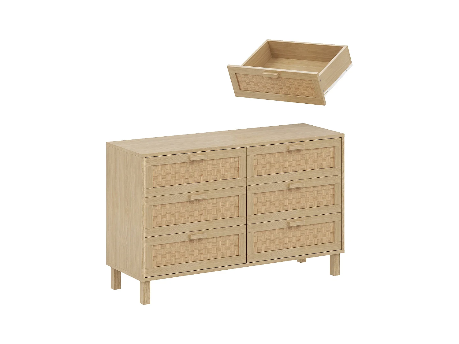 Aparador elegante e Kommode aus Naturholz mit sechs Schubladen, Schlafzimmerschrank mit viel Stauraum, Schubladen em Rattanoptik