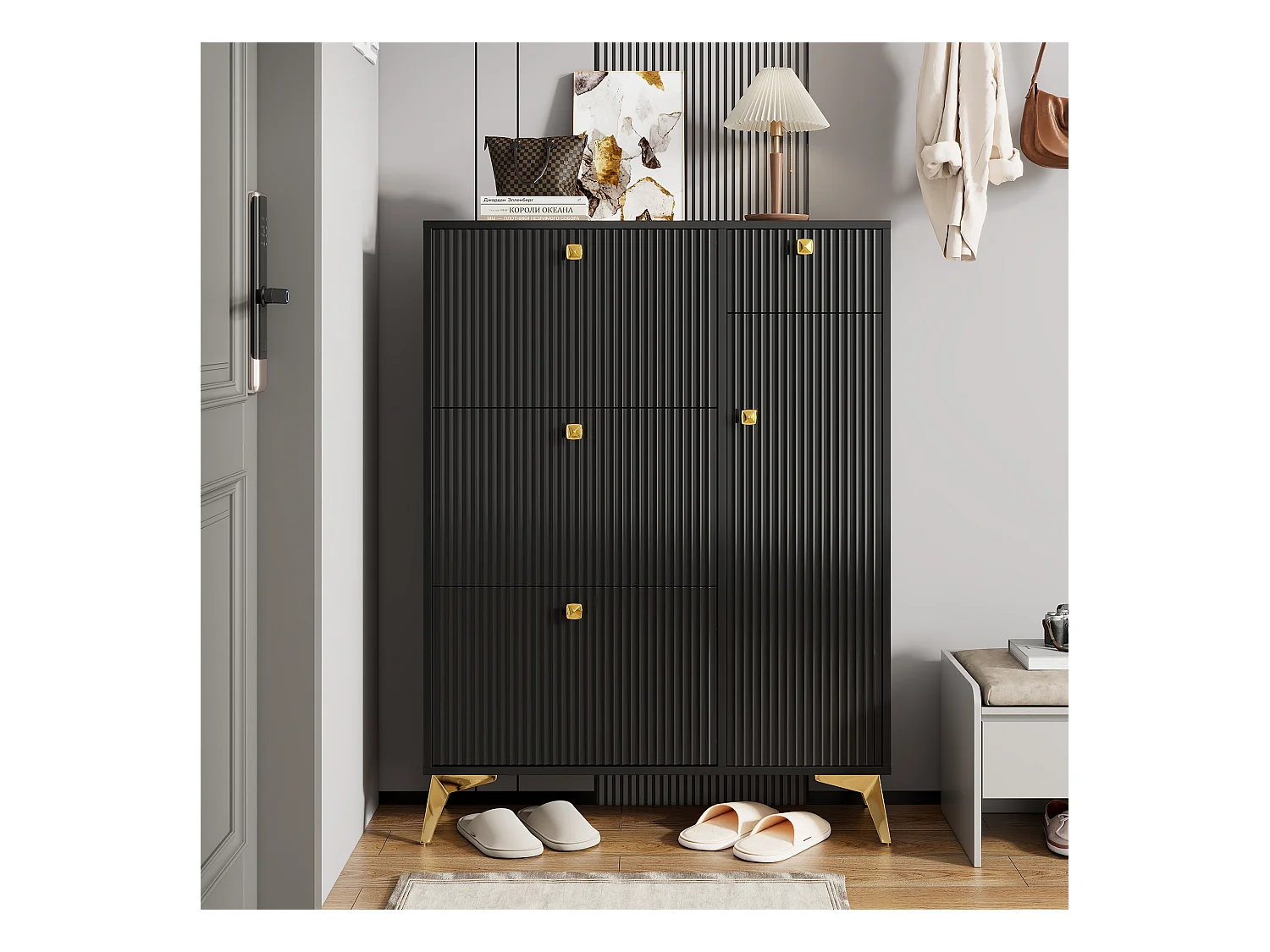 Mueble de entrada de diseño en madera MDF y metal con zapatero multifunción, color negro, 90x25x121cm