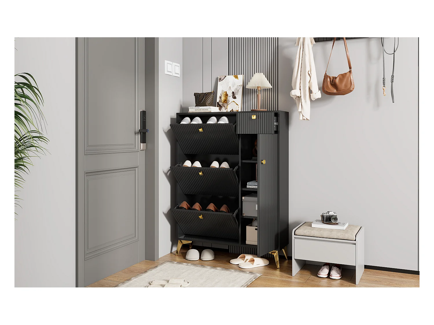 Mueble de entrada de diseño en madera MDF y metal con zapatero multifunción, color negro, 90x25x121cm