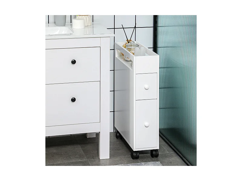 Mobile da bagno in MDF bianco con roulette e tavolini compatti 66x49,5x16cm