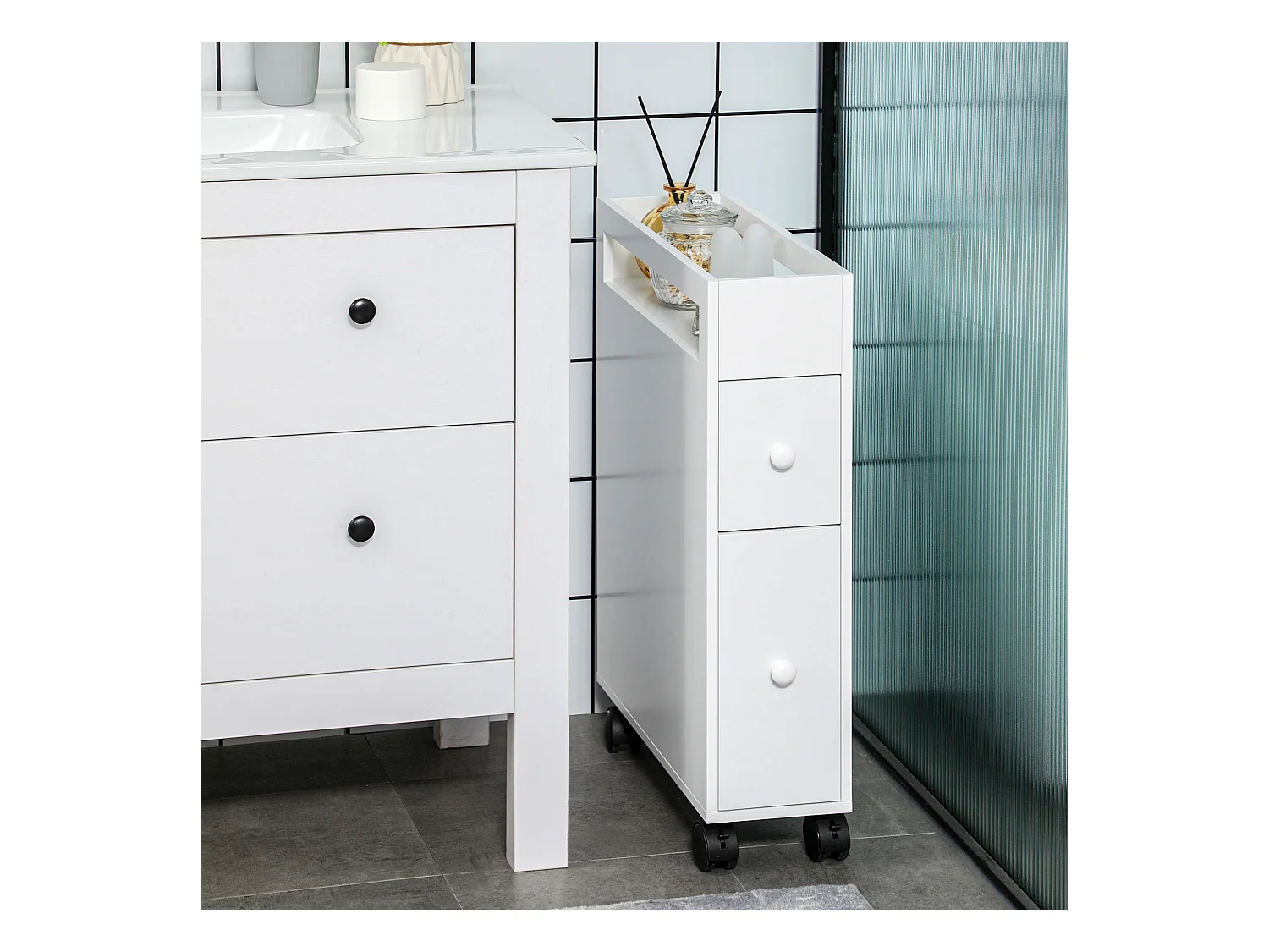 Mobile da bagno in MDF bianco con roulette e tavolini compatti 66x49,5x16cm