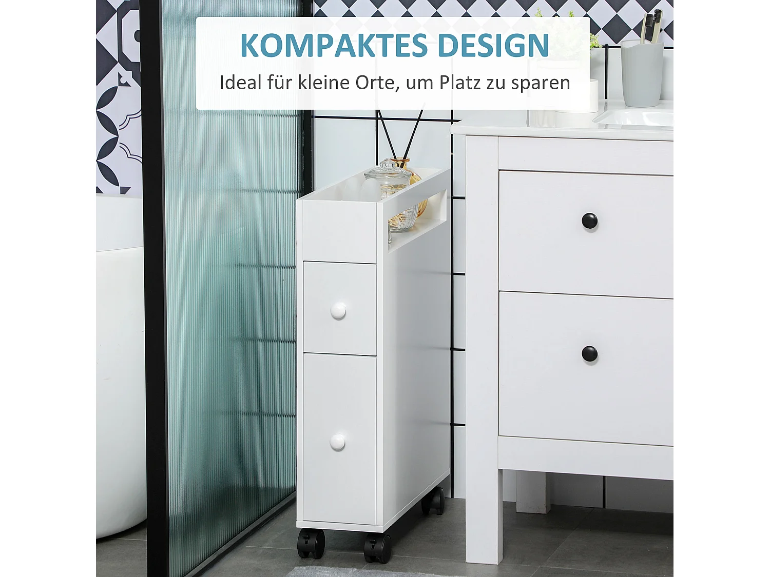 Mobile da bagno in MDF bianco con roulette e tavolini compatti 66x49,5x16cm