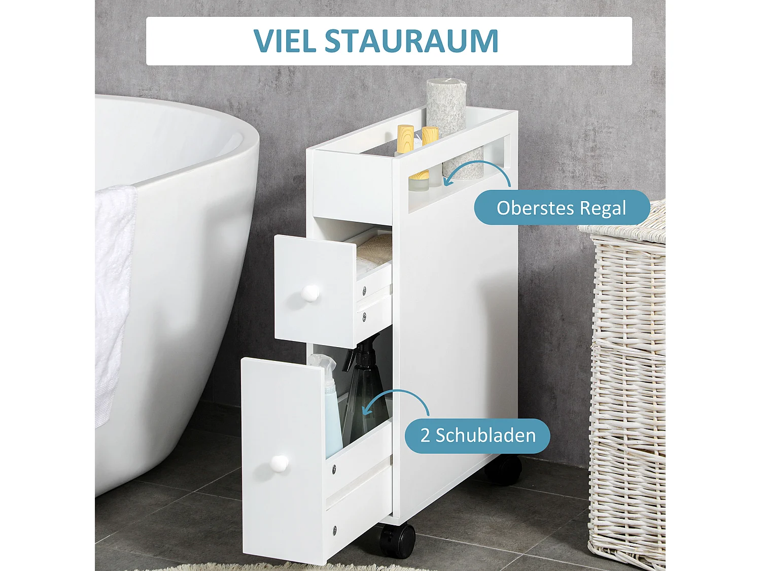 Mueble de baño de MDF blanco con ruedas y cajones compactos 66x49,5x16cm