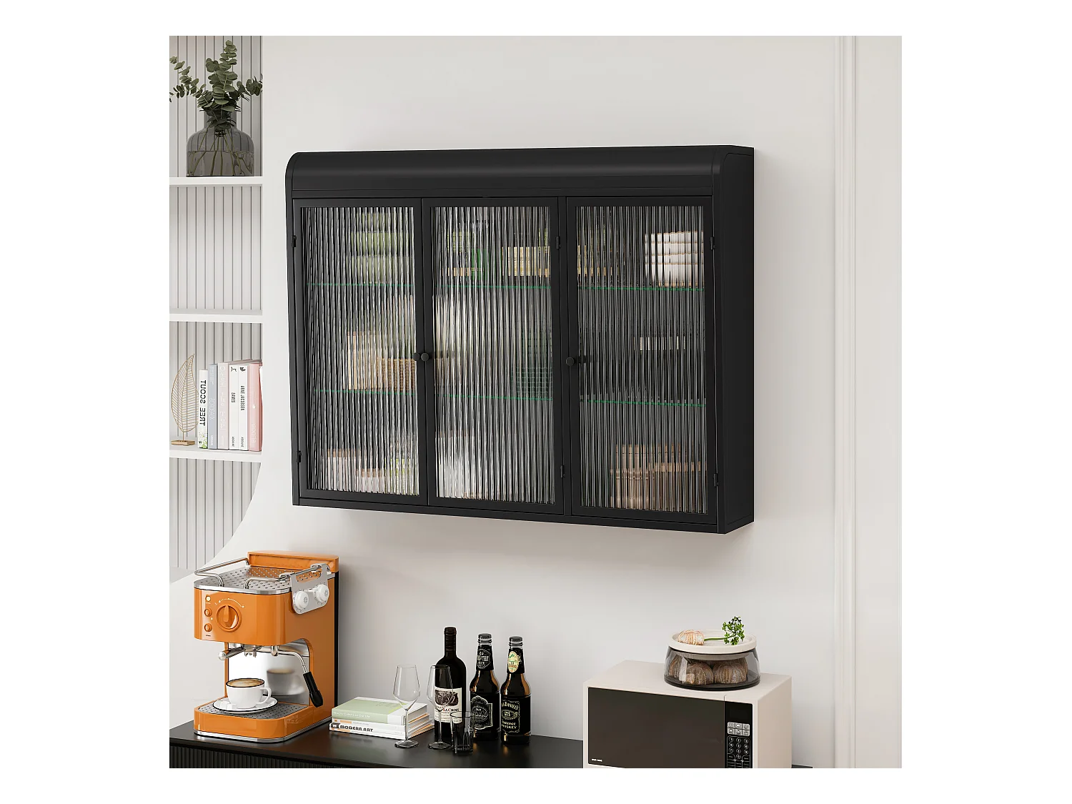 Móvel de parede com 3 portas, vidro temperado, metal, arrumação para cozinha, sala de estar, casa de banho, preto, 90x20x70 cm