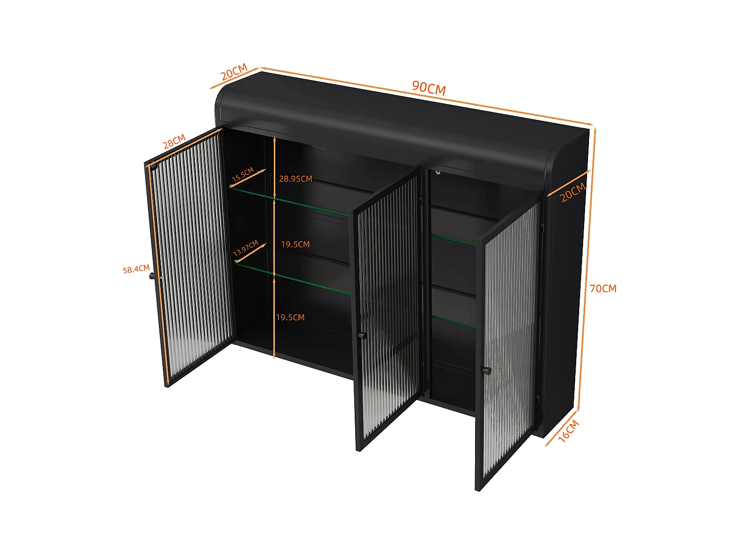 Móvel de parede com 3 portas, vidro temperado, metal, arrumação para cozinha, sala de estar, casa de banho, preto, 90x20x70 cm