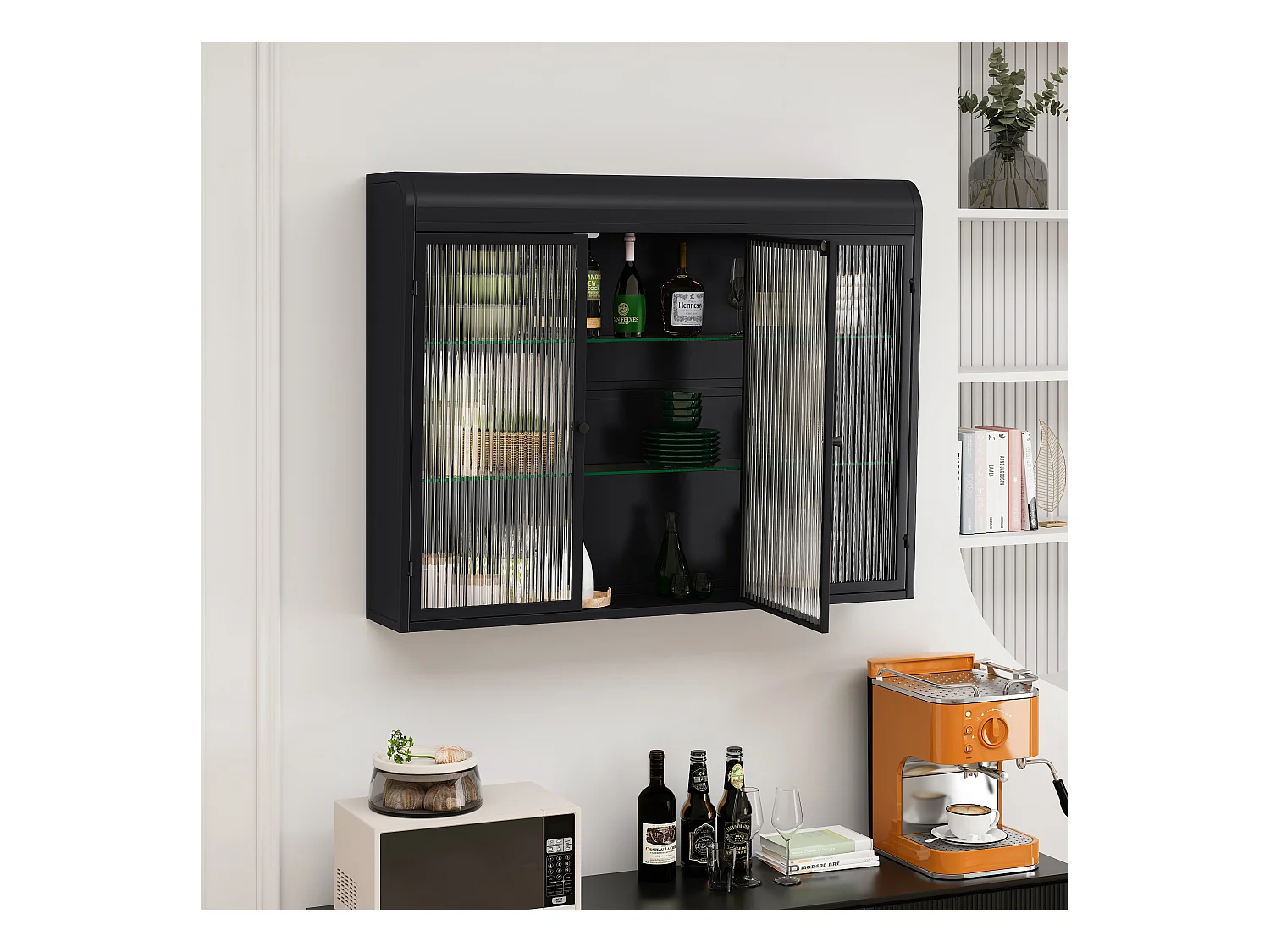 Móvel de parede com 3 portas, vidro temperado, metal, arrumação para cozinha, sala de estar, casa de banho, preto, 90x20x70 cm