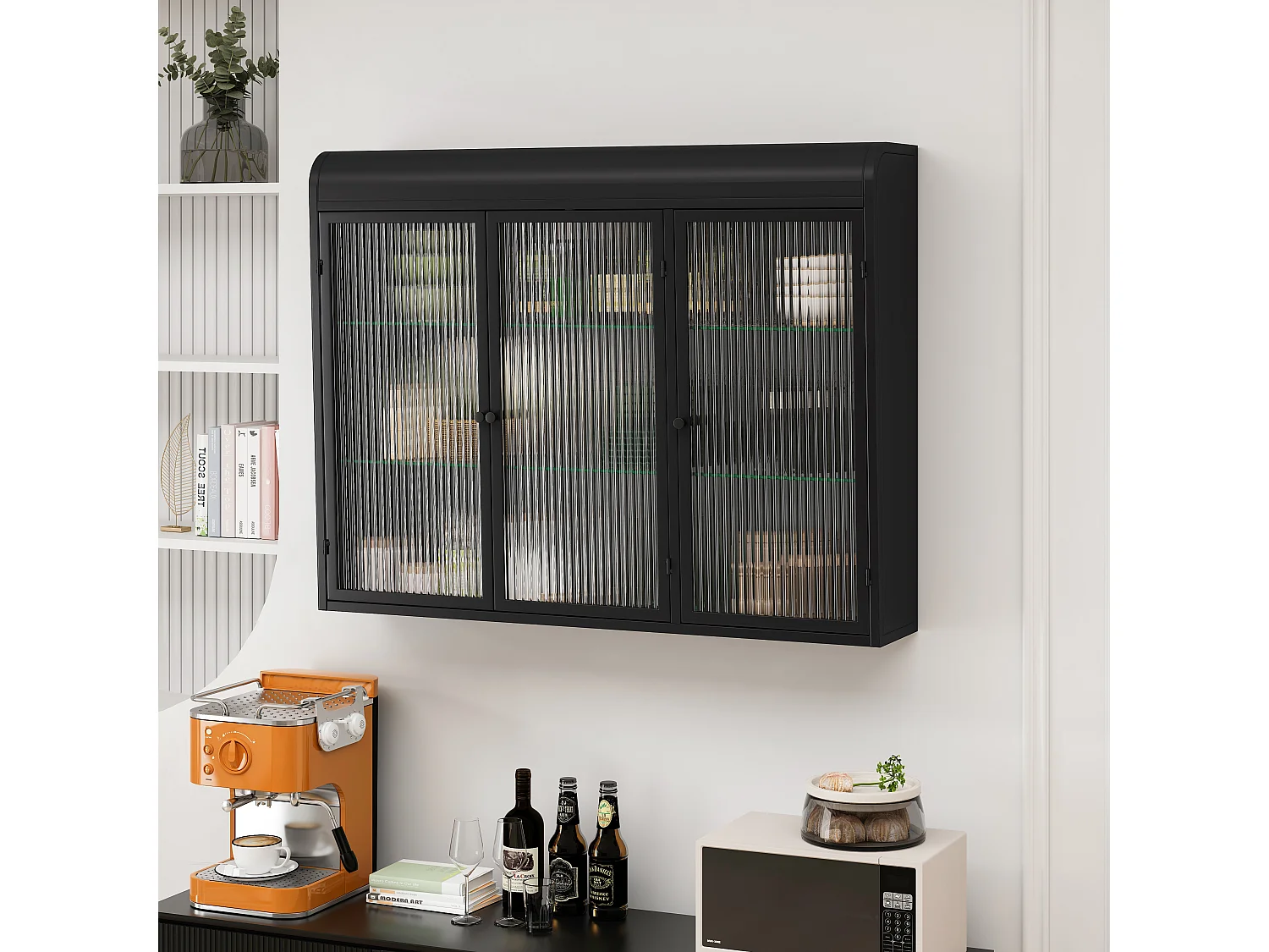 Meuble mural 3 portes verre trempé métal rangement cuisine salon salle de bain noir 90x20x70 cm