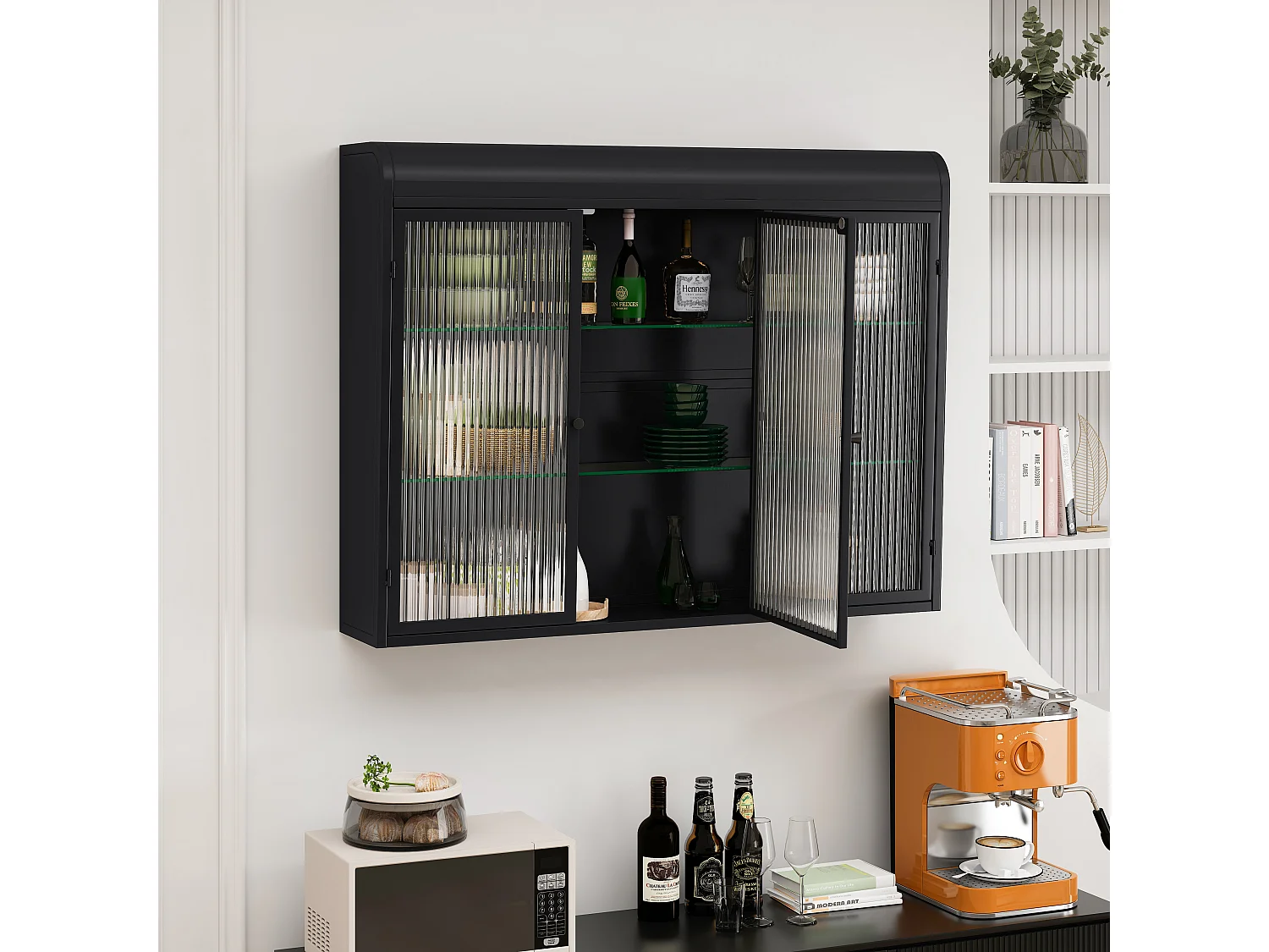 Meuble mural 3 portes verre trempé métal rangement cuisine salon salle de bain noir 90x20x70 cm