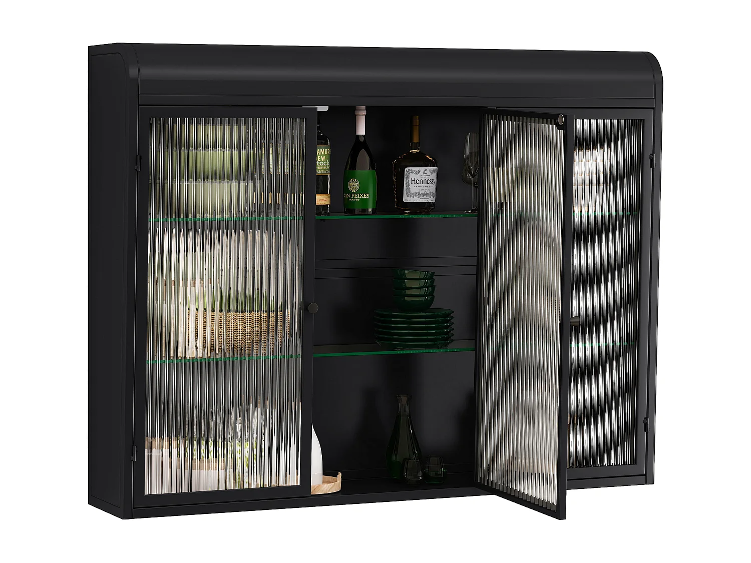 Meuble mural 3 portes verre trempé métal rangement cuisine salon salle de bain noir 90x20x70 cm