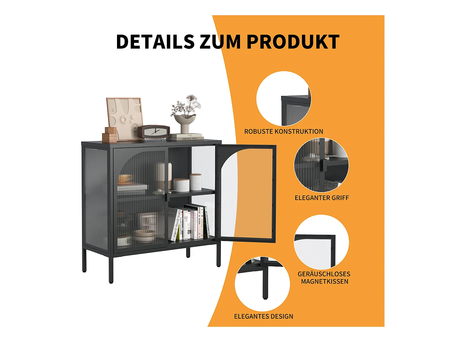 Buffet in metallo vetro trempé rangement design cucina salone entrée noir 80x40x90cm