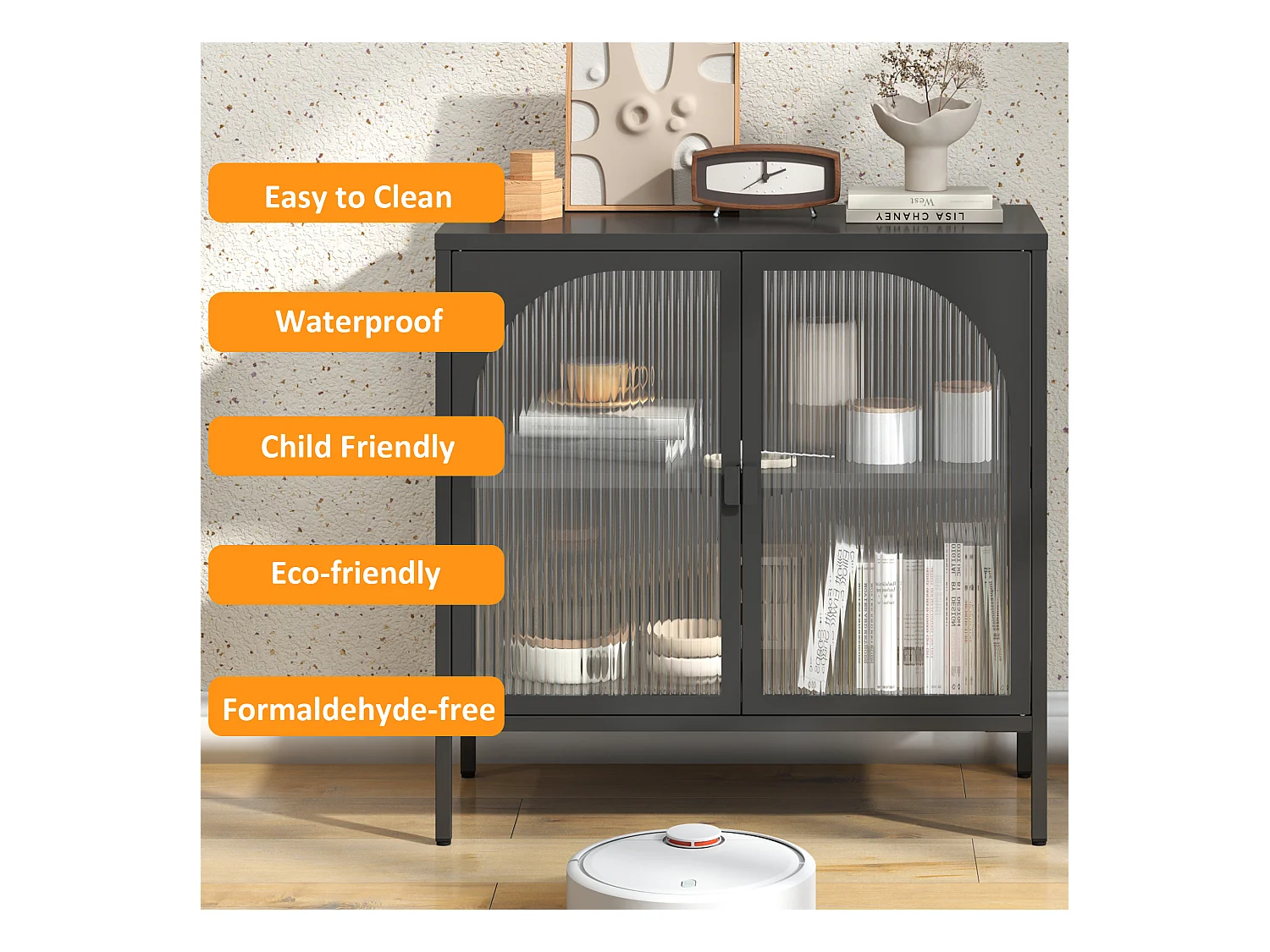 Buffet in metallo vetro trempé rangement design cucina salone entrée noir 80x40x90cm