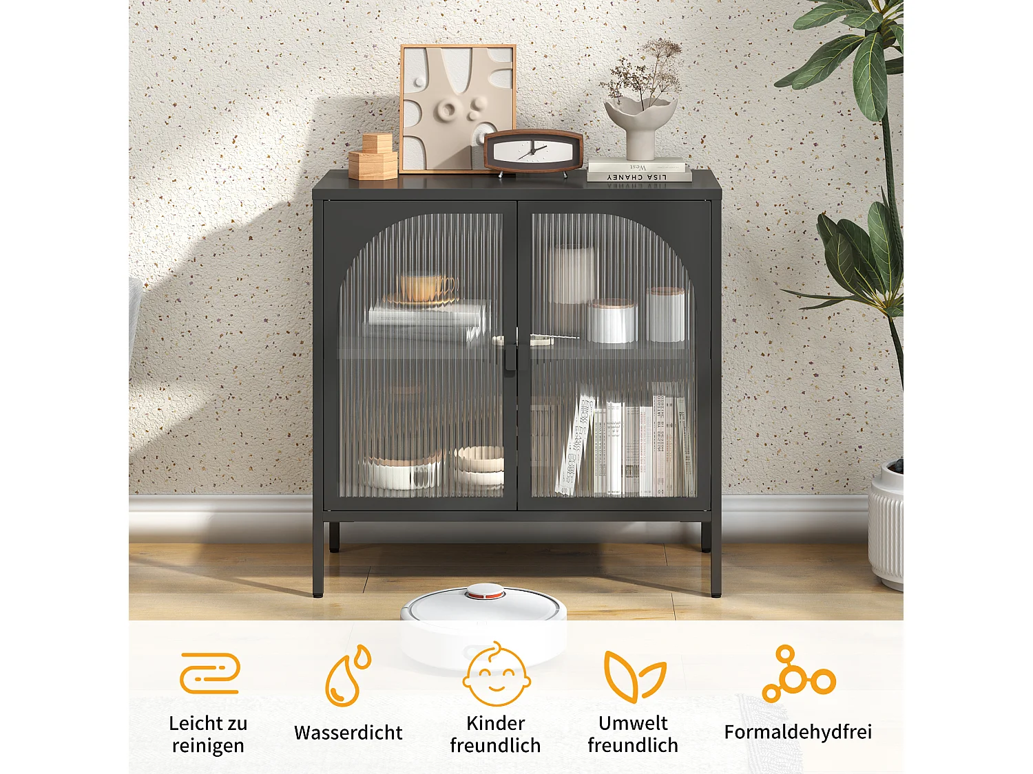 Buffet in metallo vetro trempé rangement design cucina salone entrée noir 80x40x90cm