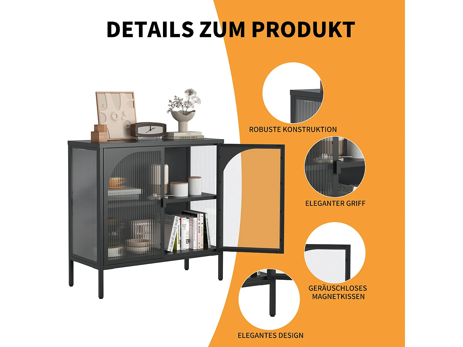 Buffet in metallo vetro trempé rangement design cucina salone entrée noir 80x40x90cm