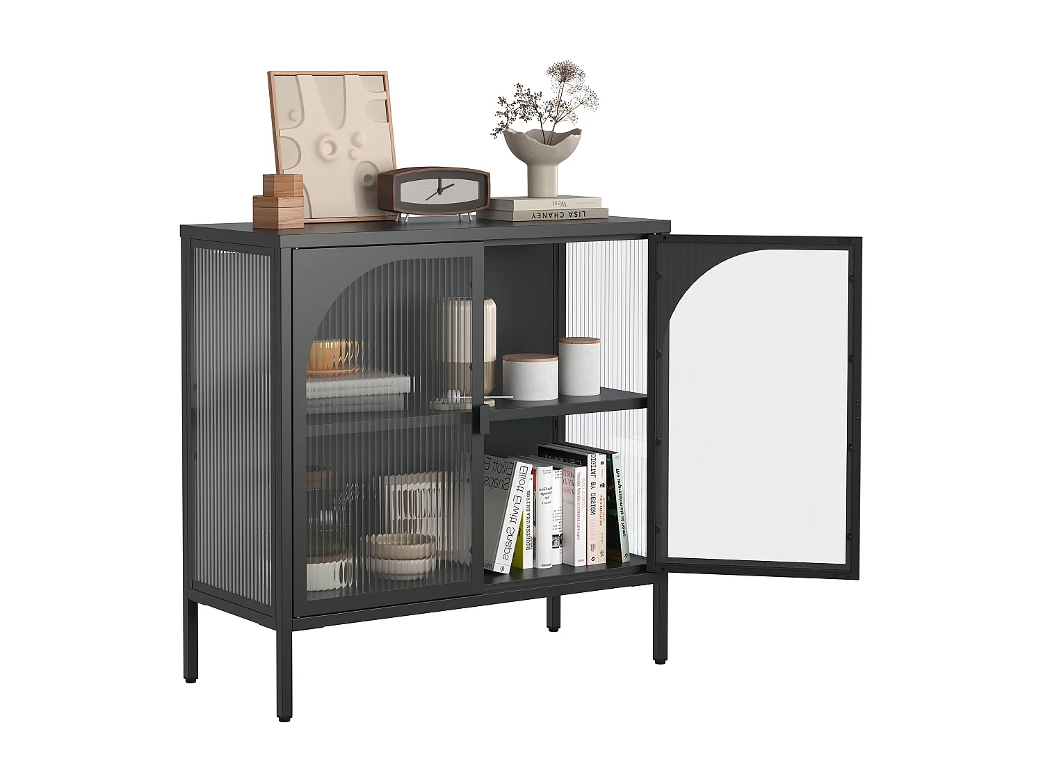 Buffet in metallo vetro trempé rangement design cucina salone entrée noir 80x40x90cm