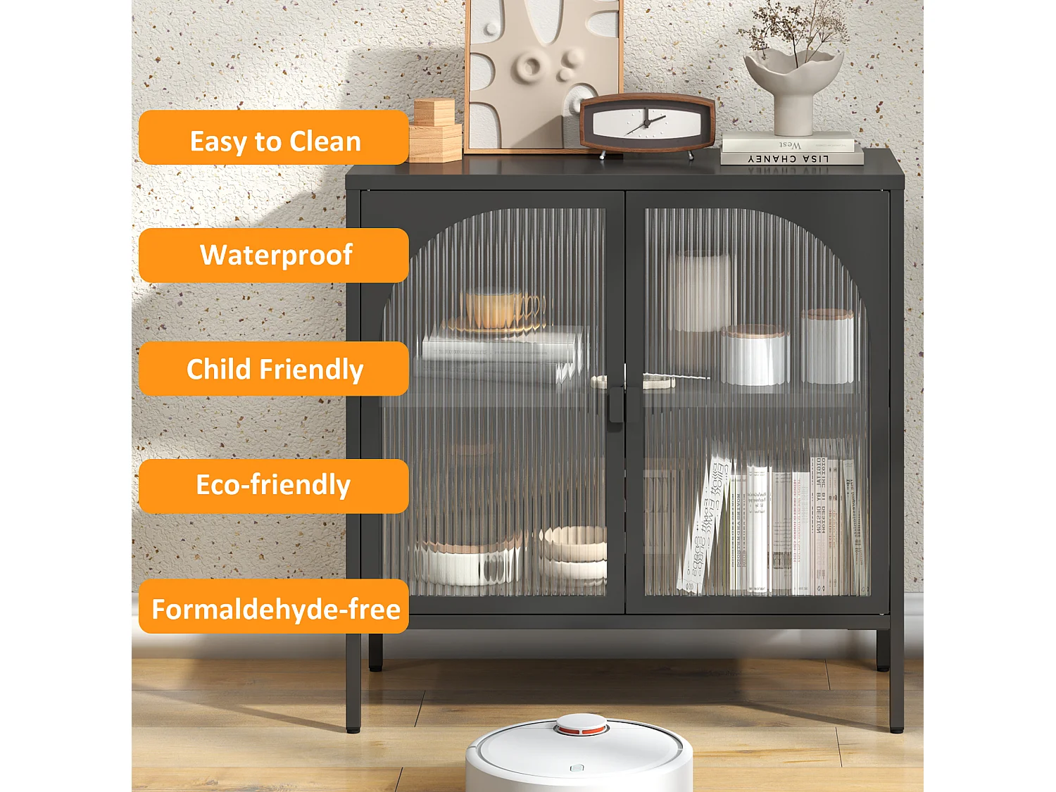 Buffet in metallo vetro trempé rangement design cucina salone entrée noir 80x40x90cm