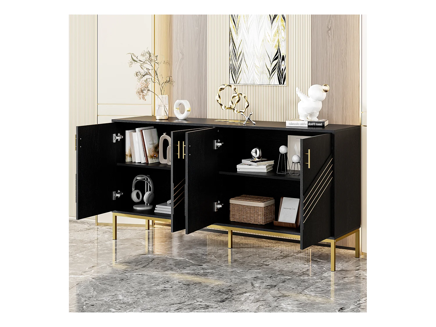 Aparador con 4 puertas de MDF negro y tiradores dorados, almacenaje modular, 160 x 40 x 80,5 cm, moderno