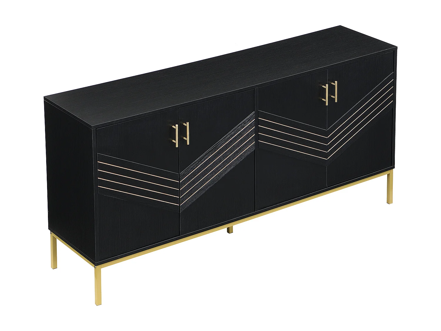 Aparador con 4 puertas de MDF negro y tiradores dorados, almacenaje modular, 160 x 40 x 80,5 cm, moderno