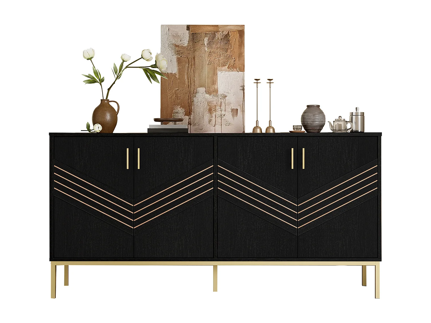 Buffet 4 porte MDF noir poignées dorées rangement modulabile 160x40x80,5 cm moderno