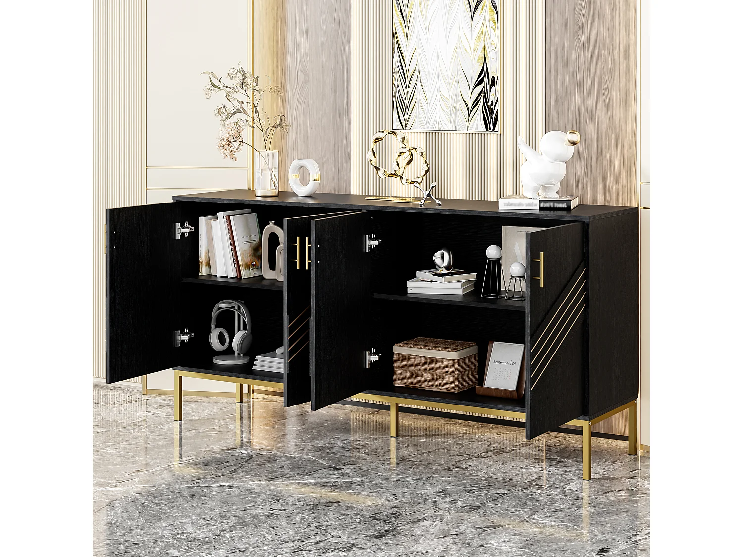 Buffet 4 porte MDF noir poignées dorées rangement modulabile 160x40x80,5 cm moderno