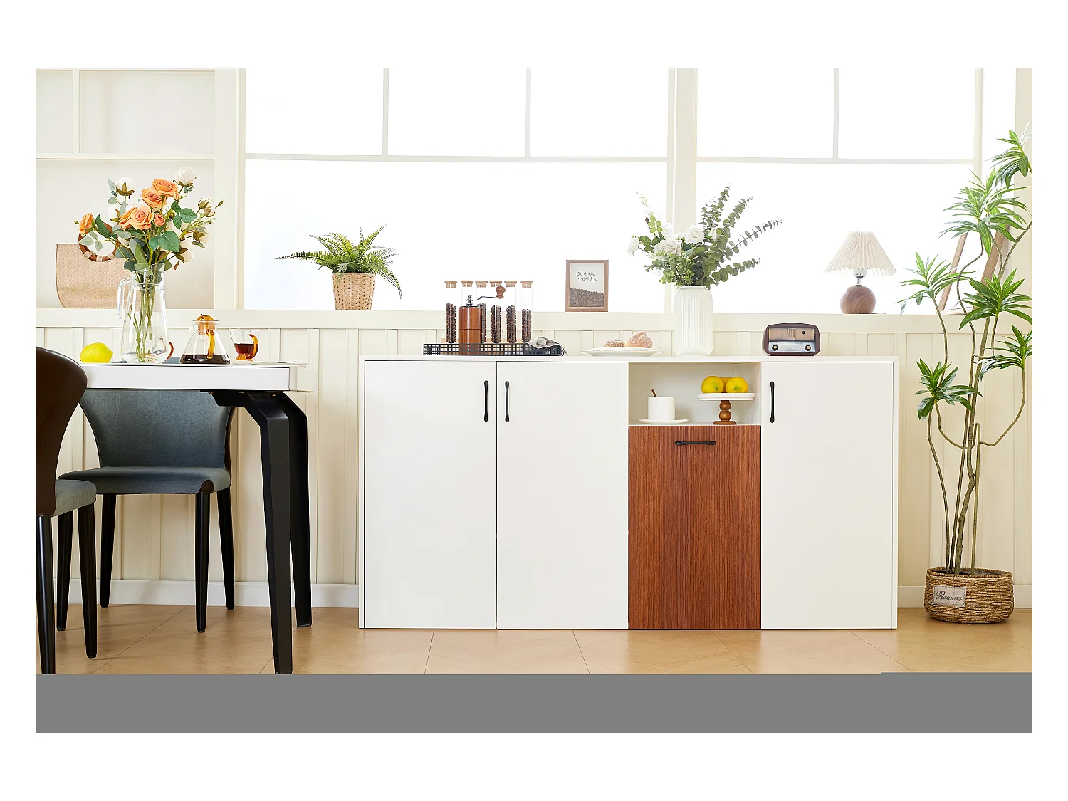 Aparador baixo em MDF branco para cozinha e sala de estar 160x40x80 cm com prateleiras reguláveis