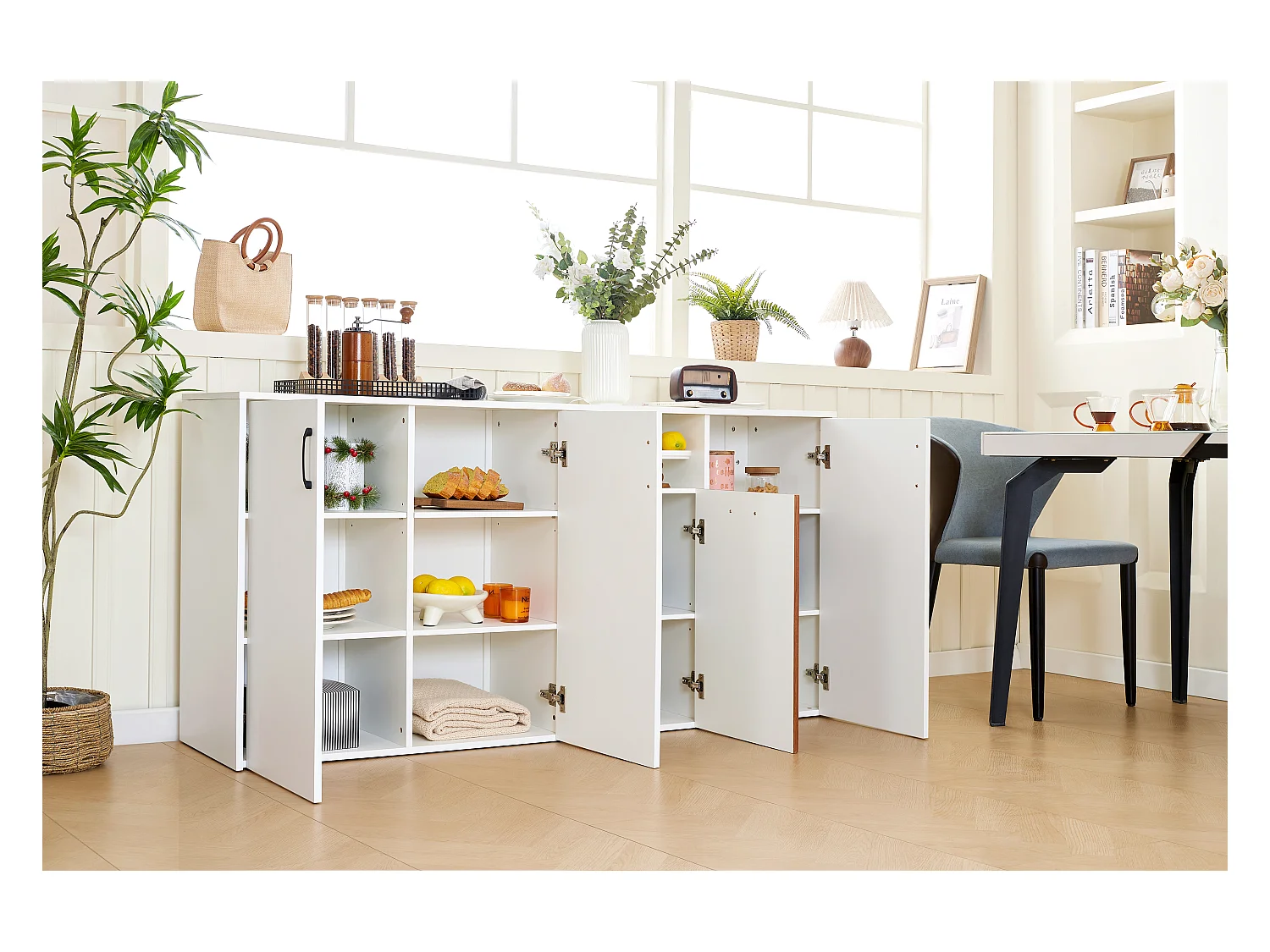 Aparador baixo em MDF branco para cozinha e sala de estar 160x40x80 cm com prateleiras reguláveis