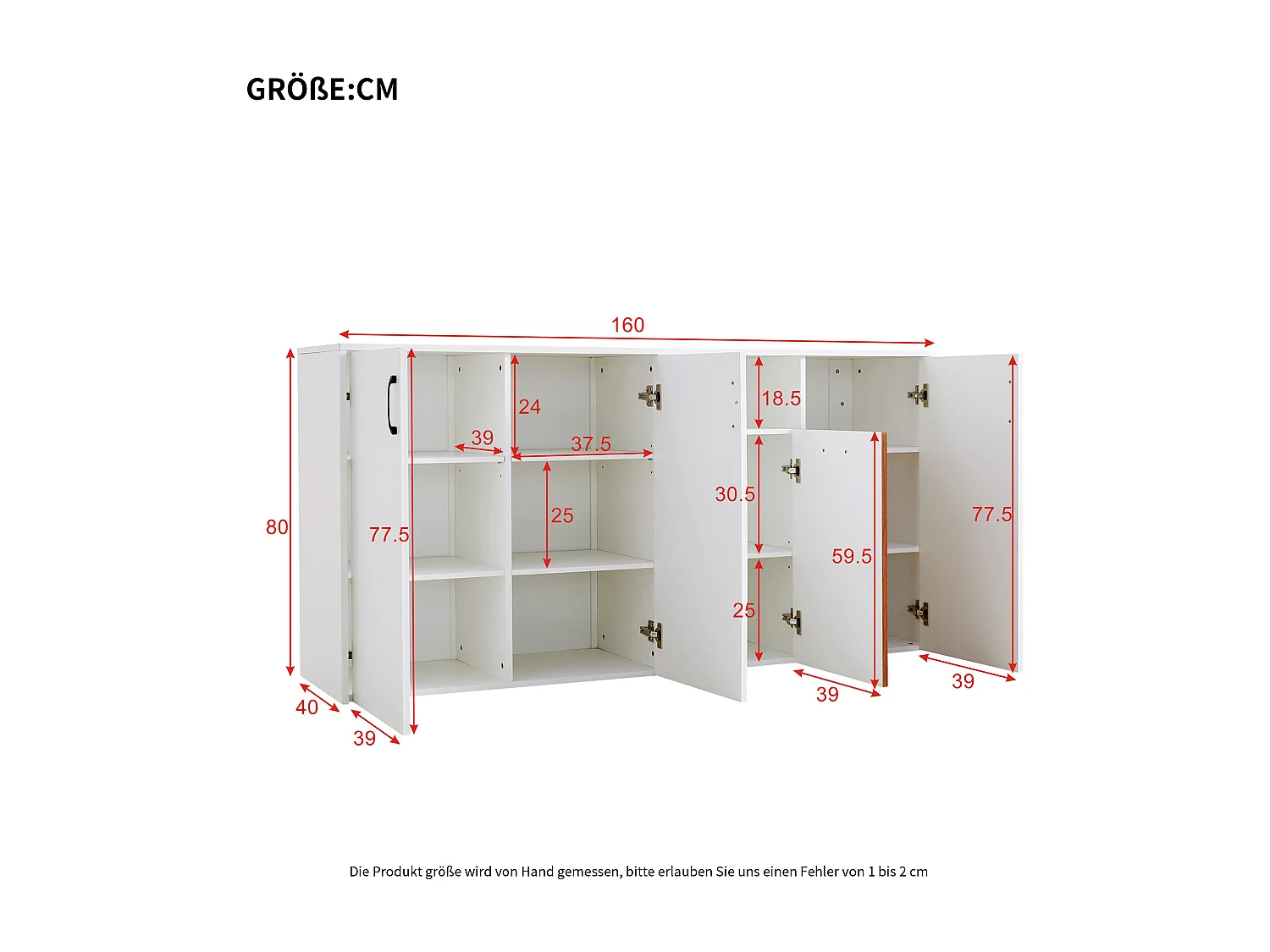 Aparador bajo de MDF blanco para almacenaje de cocina y salón 160x40x80 cm con estantes regulables