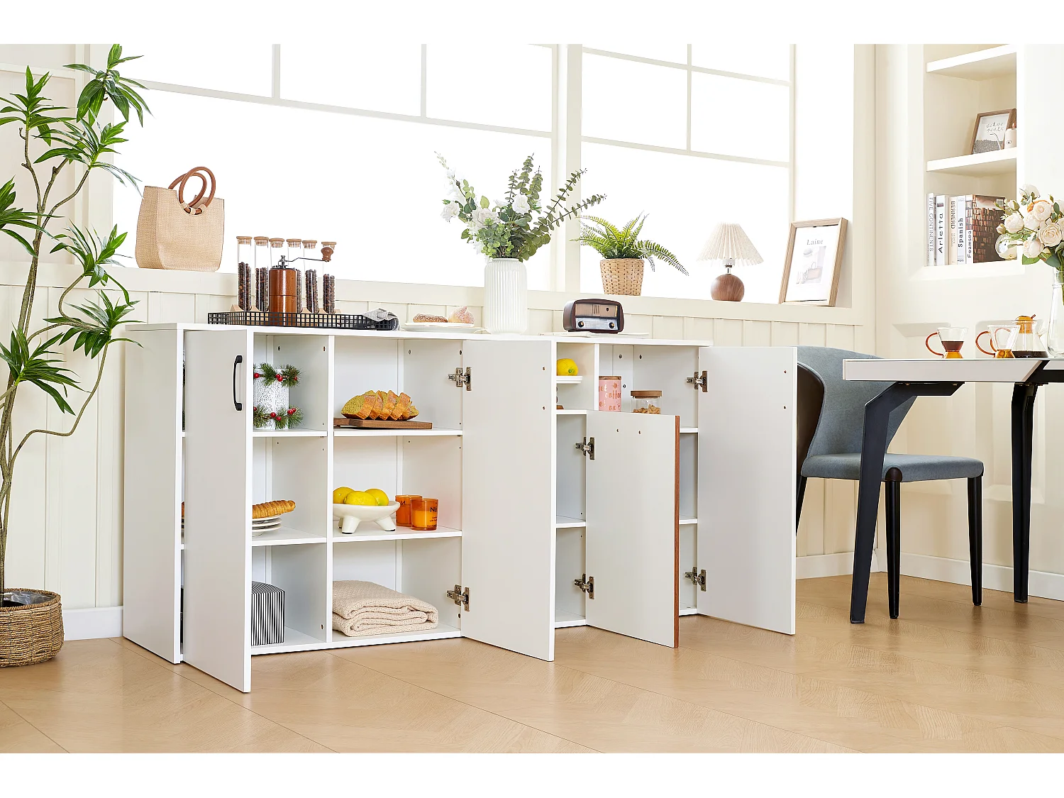 Aparador bajo de MDF blanco para almacenaje de cocina y salón 160x40x80 cm con estantes regulables