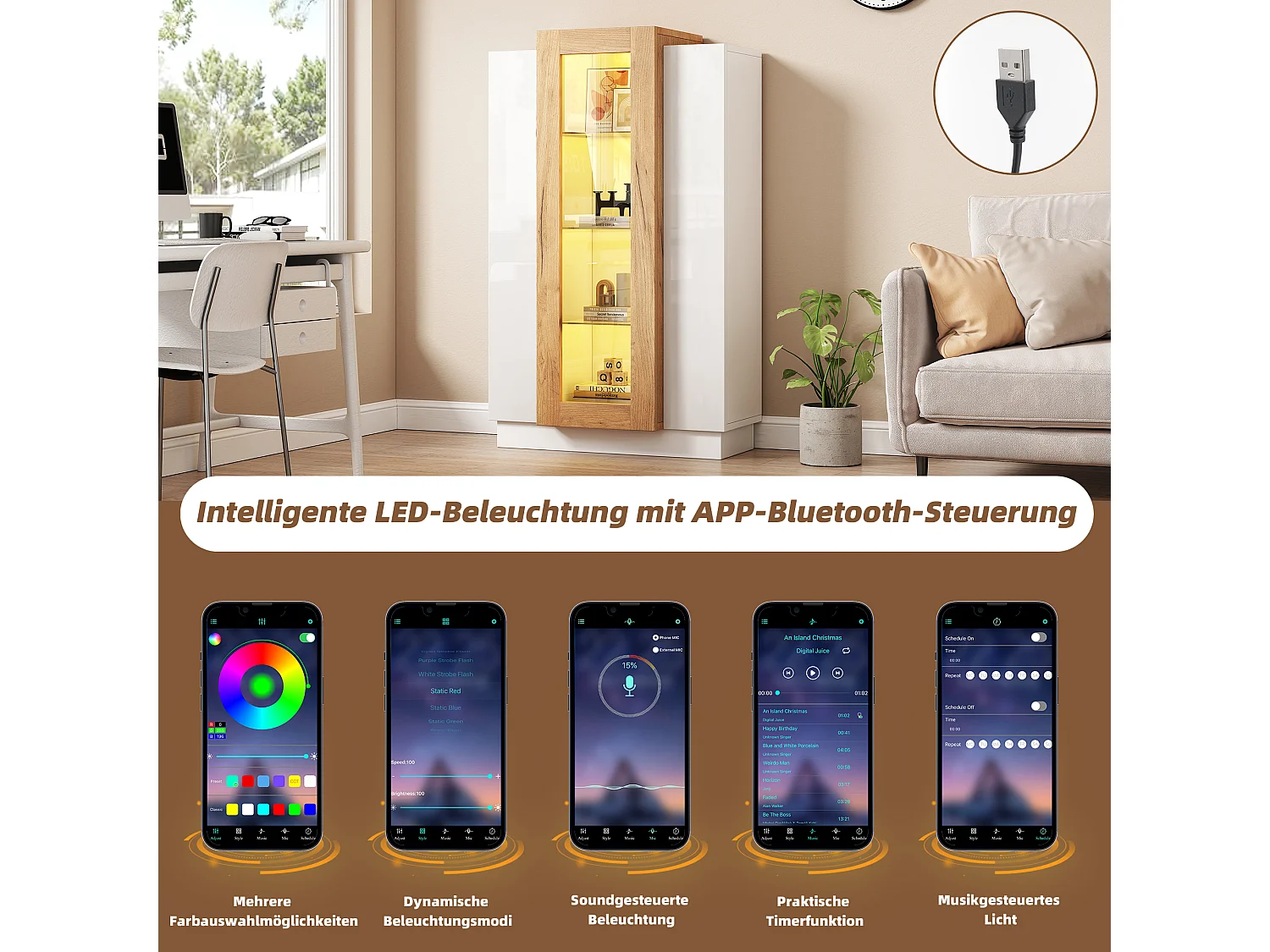 Vitrine LED 4 étagères panneau blanc bois appli salon avec porte acrylique 74x40x120 cm