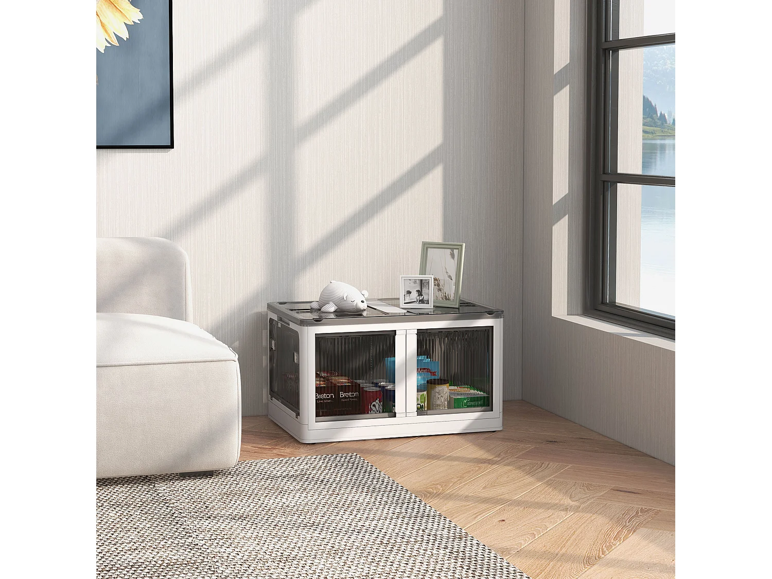 Boîte de rangement pliante avec roulettes plastique PP ouverture 5 côtés empilable 67×47×38cm blanc