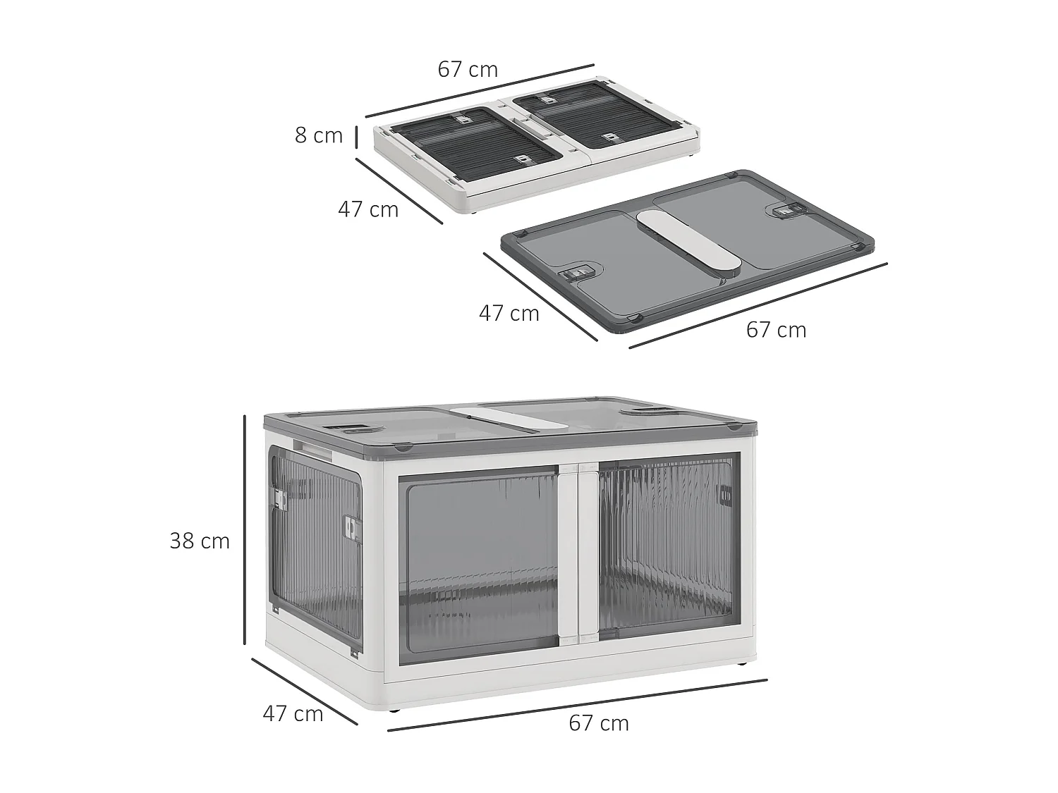 Boîte de rangement pliante avec roulettes plastique PP ouverture 5 côtés empilable 67×47×38cm blanc