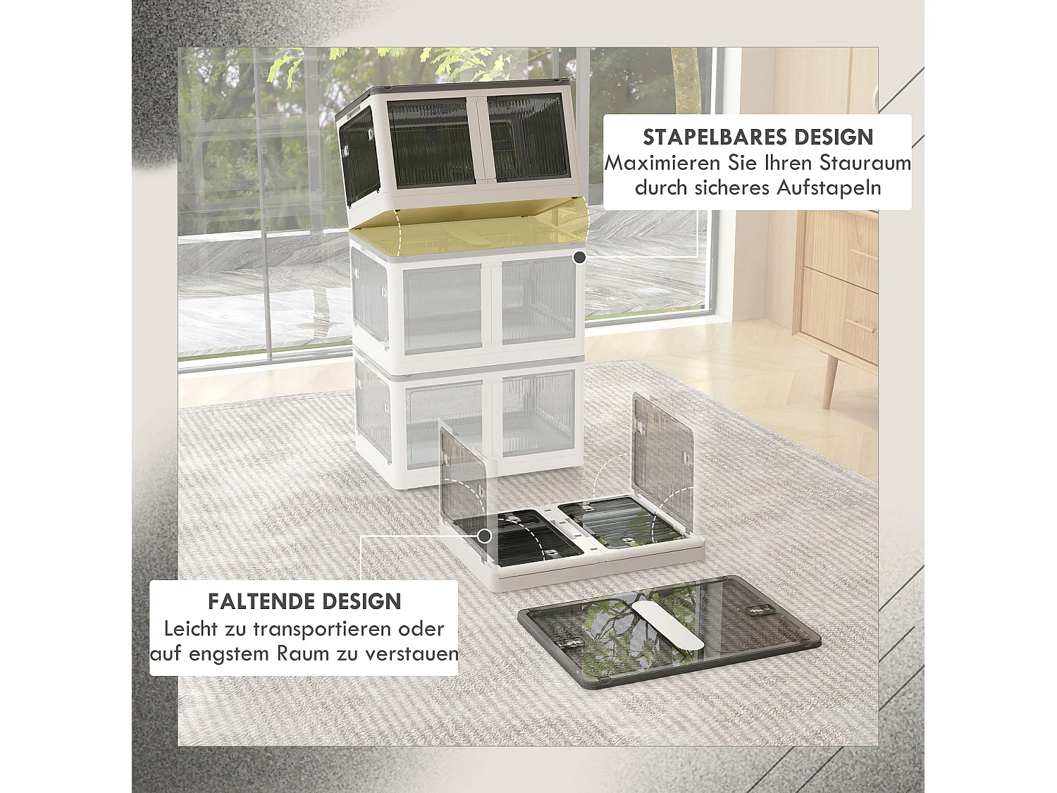 Boîte de rangement pliante avec roulettes plastique PP ouverture 5 côtés empilable 67×47×38cm blanc